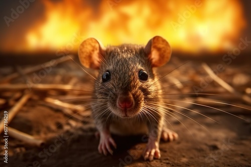 Scared mouse in the burning meadow. Climate change and drought catastrophe concept. Generative AI © lukjonis