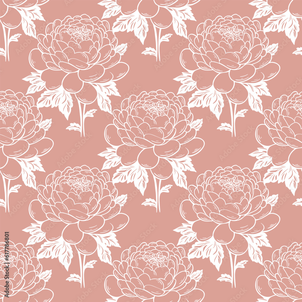 Delicate flowering peonies seamless pattern. Pink background with white flowers. Floral beautiful print for textiles, wallpaper, design, vector illustration