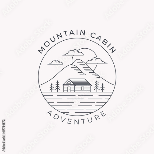 mountain cabin adventure line art vector logo illustration template design