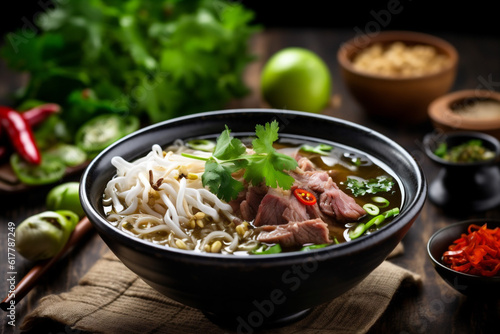 soup meal bowl vegetable background hot asian food japanese fresh noodle. Generative AI.