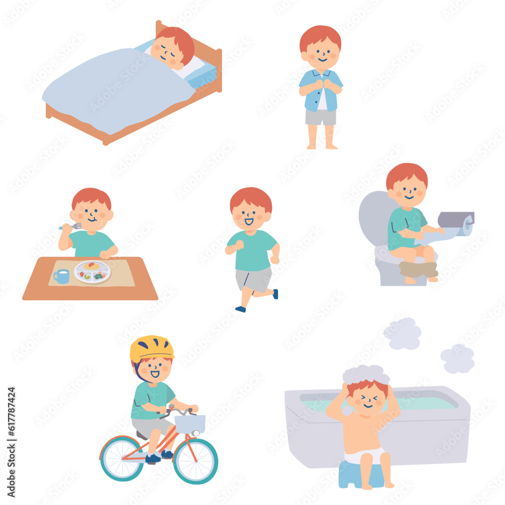 いろんなことが自分でできるようになった幼い子供のイラストセット いろんなことが自分でできるようになった幼い子供のイラストセット