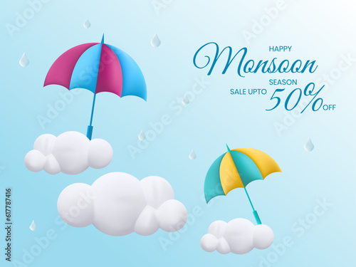 Monsoon season sale isolated 3d umbrella and cloud on blue sky background. Vector Illustration.