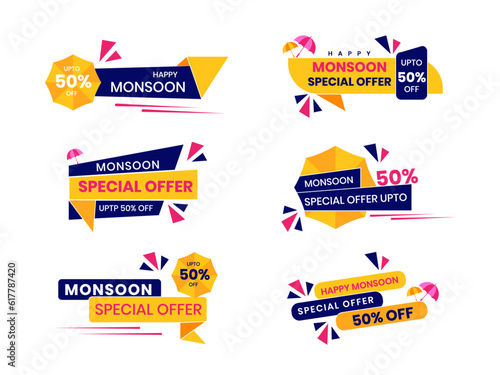 Monsoon season sale banner, poster and web header emblem and badges set vector illustration.