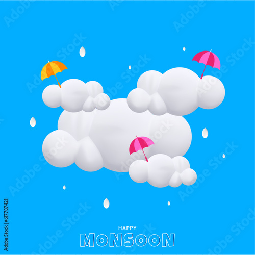 3D cloud, raindrops and umbrella on blue background vector illustration of Happy Monsoon.