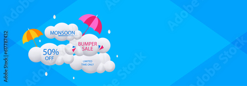 3D vector illustration poster for Monsoon season sale banner design.