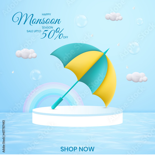 3D beautiful creative umbrella with podium for product placement with Monsoon season background, clouds and rainbow.
