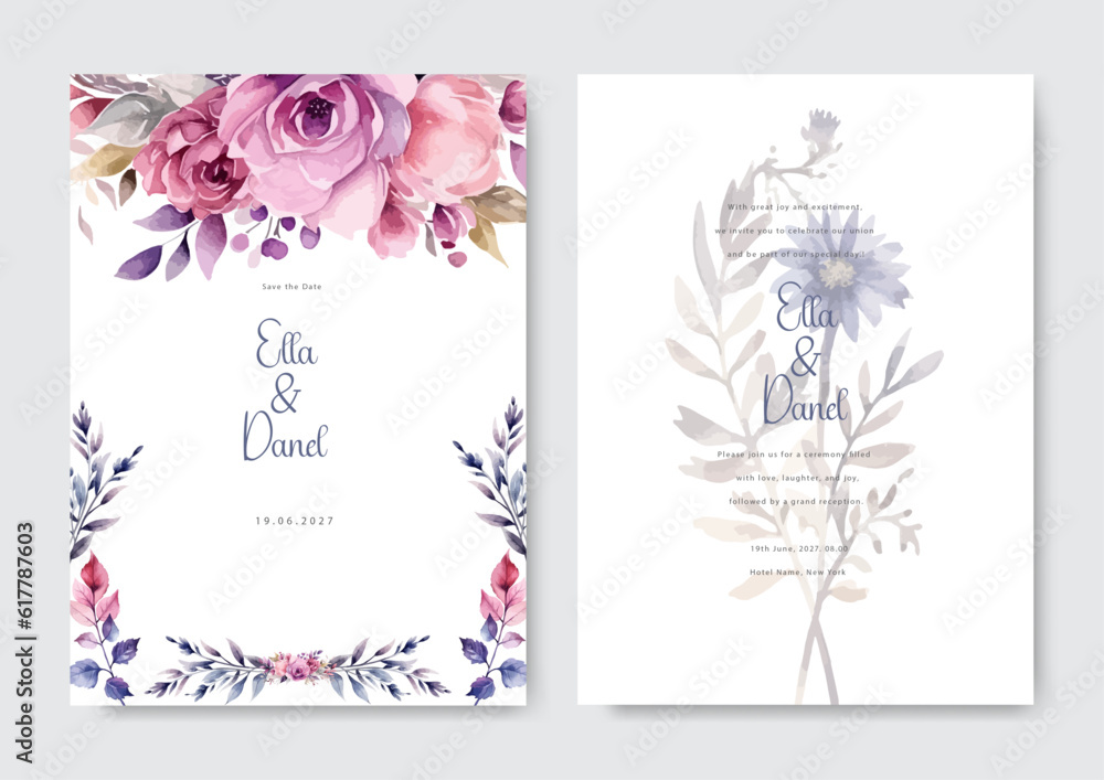Set of beautiful rose elegant pink and purple watercolor flower wedding invitation design template