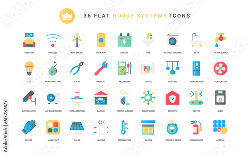 Systems of house to control temperature, energy and remote digital access, symbols of appliances and furniture, security mobile devices. Smart home trendy flat icons set vector illustration