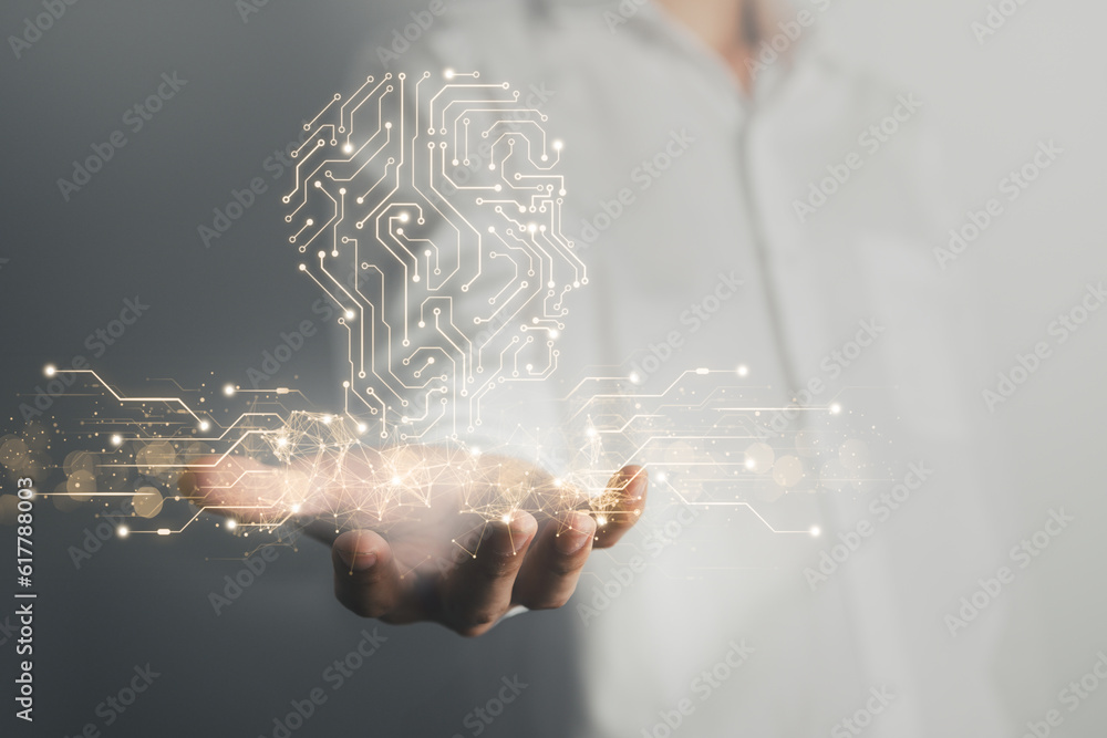 Business man and robot hand touch digital screen of AI icon artificial ...