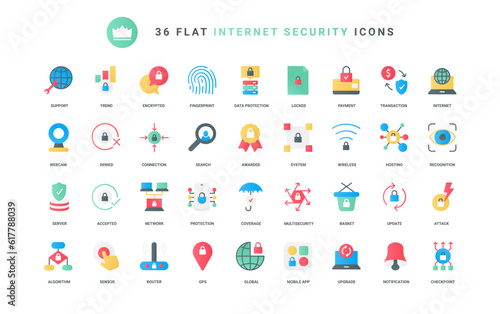 Secure encrypted connection and fingerprint verification for access, confidential data payment protection, server notification. Online security trendy flat icons set vector illustration