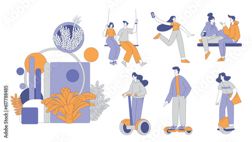 People Character Enjoying Outdoor Walk in the Park Vector Set