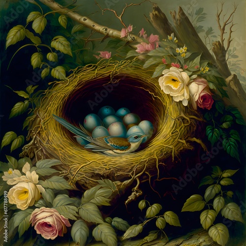 Victorian era painting of a birds nest 