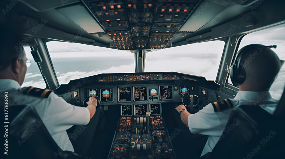 The cockpit of a modern passenger aircraft with a control panel, Pilots control the aircraft and fly over the city. Outside the cockpit, a blue cloudy sky is visible. Generative AI. - obrazy, fototapety, plakaty 