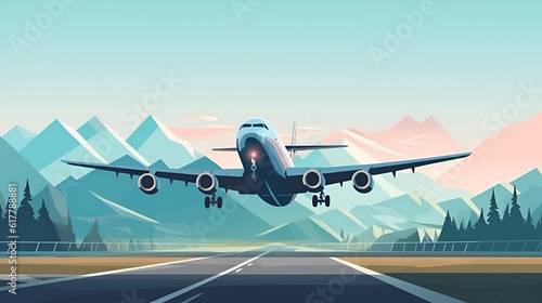 Passenger liner plane lands on the runway of the airport in the mountains. Illustration in pastel colors yellow, green, blue and pink Generated AI. © Tetiana