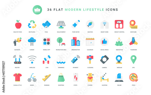 Symbols of youth and social media, sports and fitness, smart mobile apps control weight and sleep, food for body health. Modern healthy lifestyle trendy flat icons set vector illustration