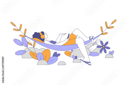 Happy Woman Character Lying in Hammock Listen to Music in Headphones Among Growing Plant Enjoying Rest Vector Illustration