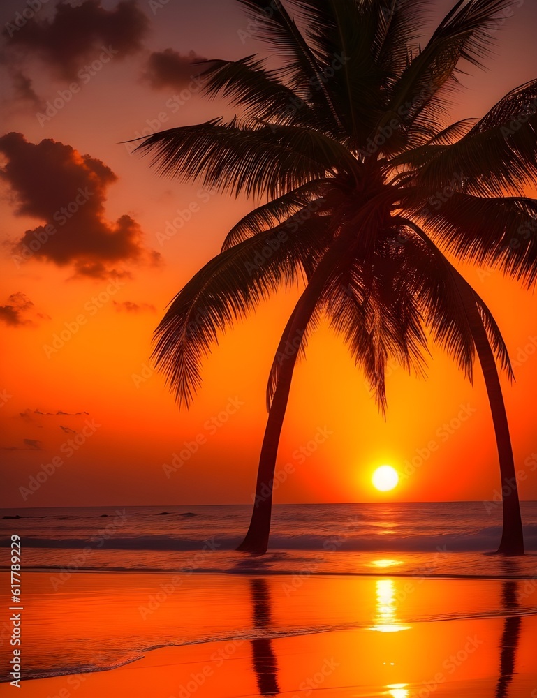 beach at sunset, with palm trees silhouetted against the warm hues of the sky