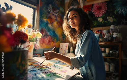 Young woman practicing painting as a form of self-expression and self-care © AZ Studio