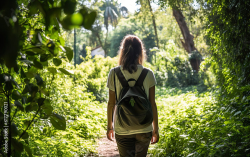 Woman walking in the peaceful forest created with Generative AI technology