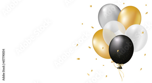 Festive background with festive realistic 3d balloons of gold, black color on a festive background.Stylish poster, cover, banner, website, mobile application, card for greetings, invitations, printing