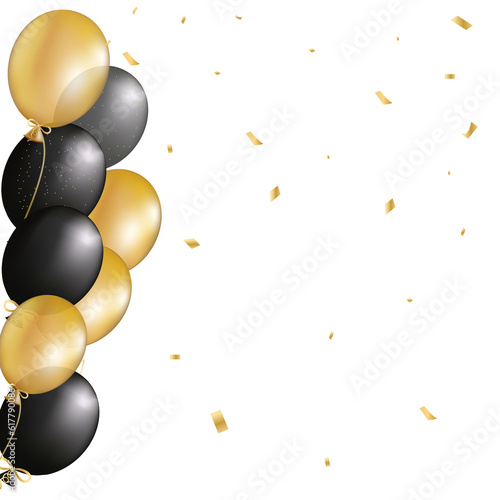 Festive design with realistic gold and black balloons, shiny confetti. On dark background. Stylish poster, cover, banner, website, mobile app, for greeting card or party invitation