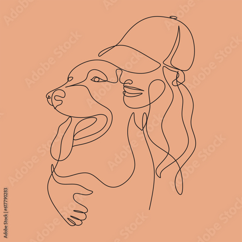 Vector illustration line art girl and dog hugging together. Friendship between human and dog