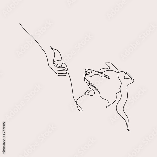 Vector illustration line art girl and dog hugging together. Friendship between human and dog photo