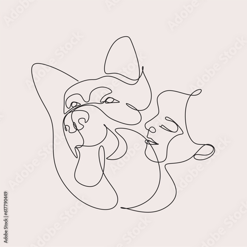 Vector illustration line art girl and dog hugging together. Friendship between human and dog photo