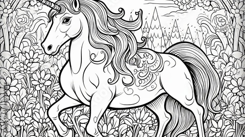 Children's coloring with a unicorn, black and white graphics with a curly pattern. The development of motor skills of children with drawings. Generative AI  © Marynkka_muis