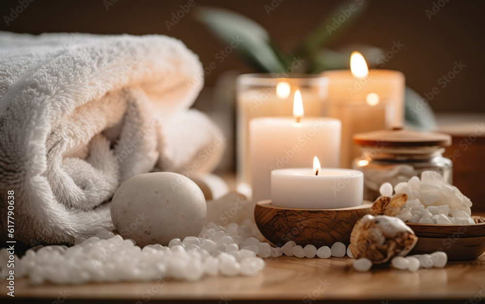 Scented candles, plush towels, and bath salts at spa created with Generative AI technology Scented candles, plush towels, and bath salts at spa created with Generative AI technology