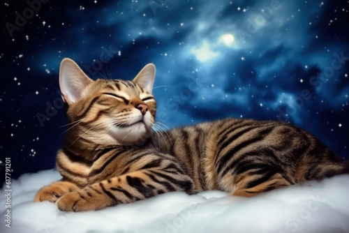 Striped kitten sleeping on a fluffy cloud, starry night sky on background. AI generative