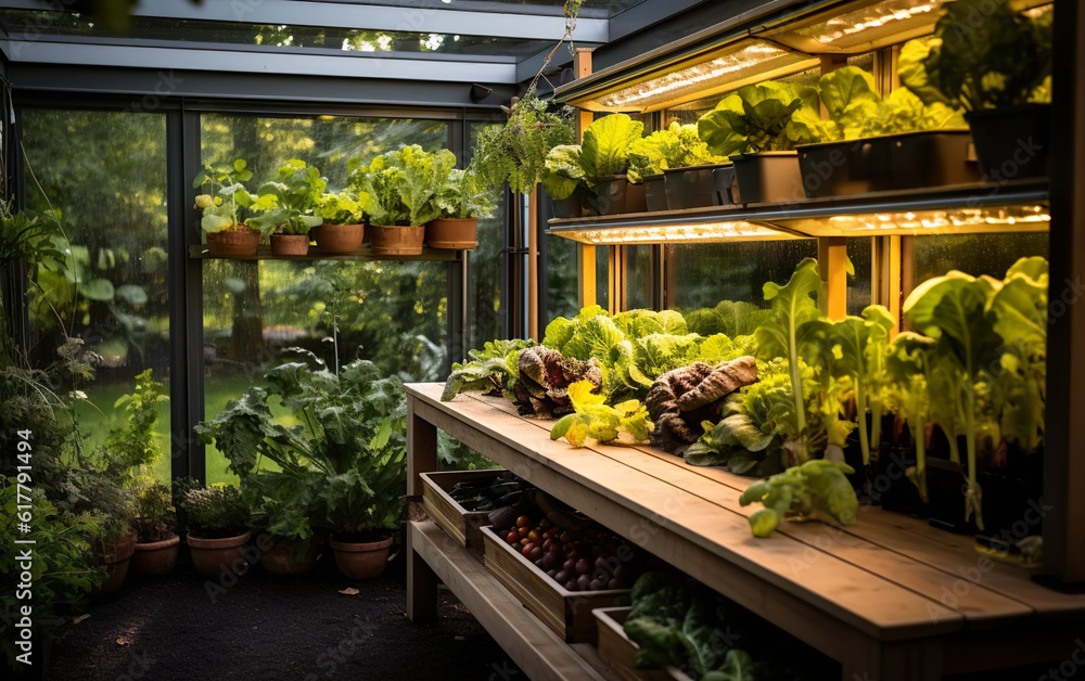 Sustainable garden with homegrown vegetables and herbs created with Generative AI technology