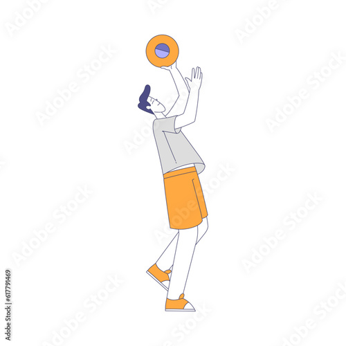 Happy Man Character Playing Frisbee Throwing or Catching Flying Disc Vector Illustration