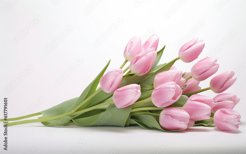 Bunch of pink tulip flowers on a white background created with Generative AI technology Bunch of pink tulip flowers on a white background created with Generative AI technology