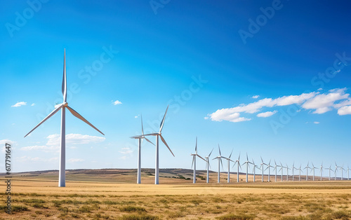Wind park with rows of wind turbines generating clean energy created with Generative AI technology