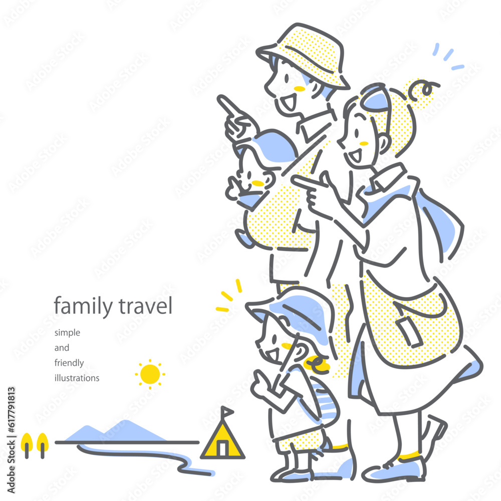 夏休みの家族旅行 ポップでお洒落な線画イラスト 夏休みの家族旅行 ポップでお洒落な線画イラスト