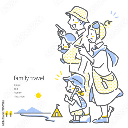夏休みの家族旅行　ポップでお洒落な線画イラスト