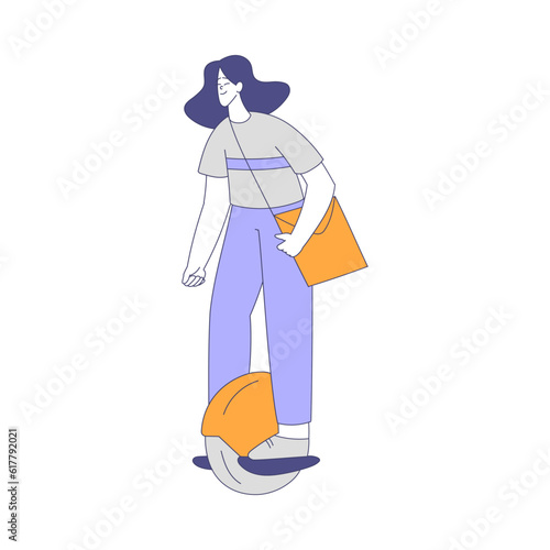 Woman Character Riding Monowheel Enjoying Outdoor Walk in the Park Vector Illustration