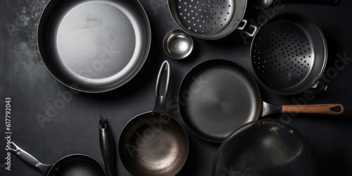 Kitchen utensils and pans background, top view 