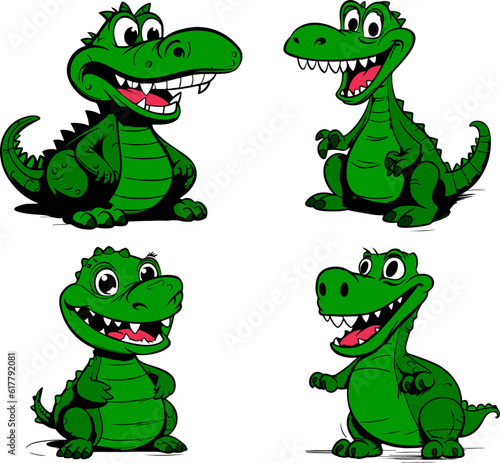 Set of four happy and funny crocodiles in children's illustration style