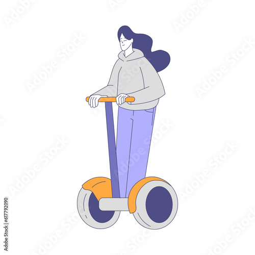 Woman Character Riding Hoverboard or Segway Enjoying Outdoor Walk in the Park Vector Illustration