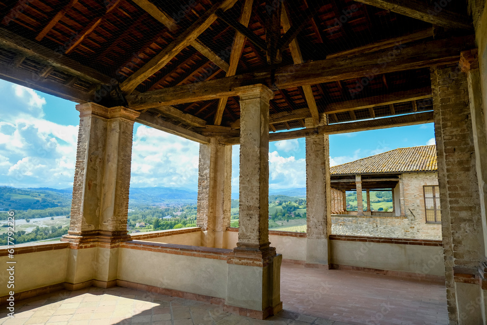terrace view from the Castle Castello Torrechiara in Langhirano, Emilia-Romagna, Italy across ceiling and columns 