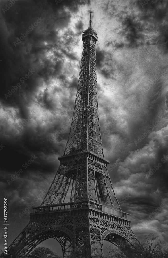 Paris Eiffel Tower in black and white on a stormy day