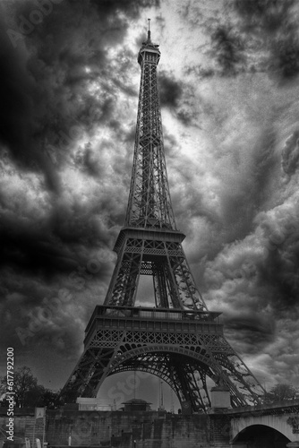 Fototapeta Naklejka Na Ścianę i Meble -  Paris Eiffel Tower in black and white on a stormy day