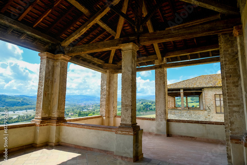 terrace view from the Castle Castello Torrechiara in Langhirano  Emilia-Romagna  Italy across ceiling and columns 