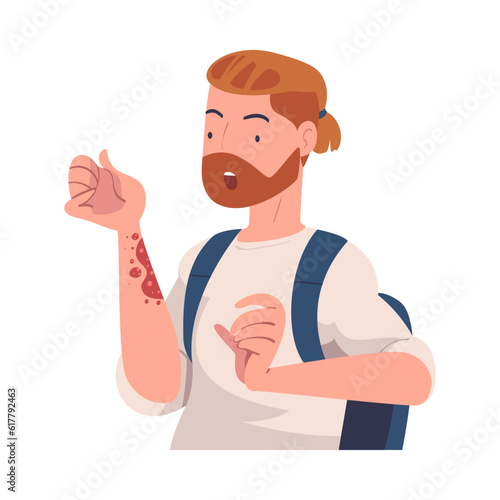 Bearded Man Character with Skin Problem Suffering Scratching Itching Arm Vector Illustration