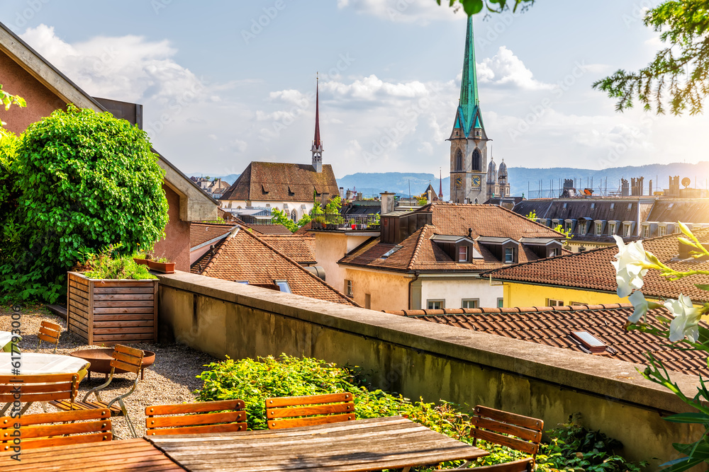 Aerial panorama on the Zurich roofs at sunny day, Switzerland