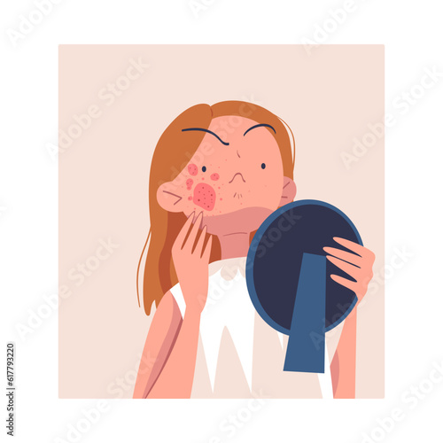 Woman Character with Skin Problem Suffering from Itching Face Looking in Mirror Vector Illustration