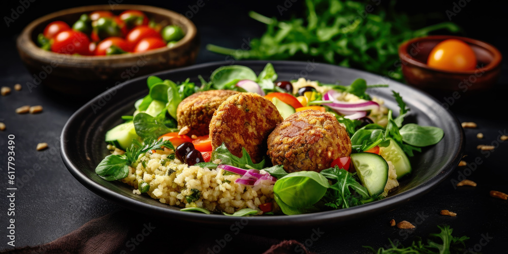 Delicious falafel balls on the plate, on dark background Delicious falafel balls on the plate, on dark background