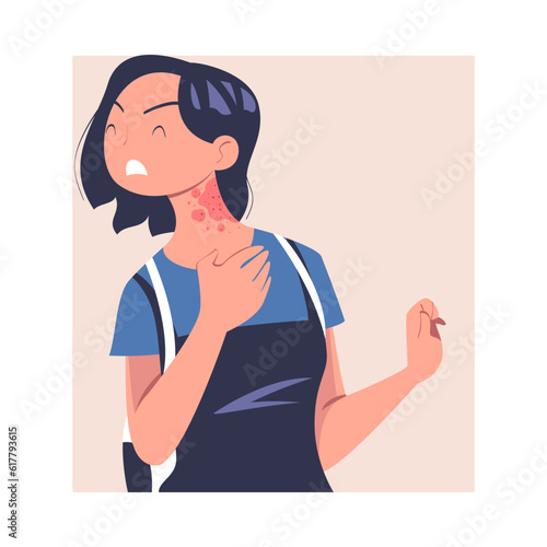 Woman Character with Skin Problem Suffering Scratching Itching Neck Vector Illustration